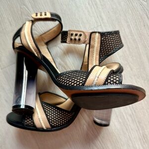 L.A.M.B. Leather Strappy Heels w/ Velcro Ankle Strap w/ Lucite Heel. Size 8.5